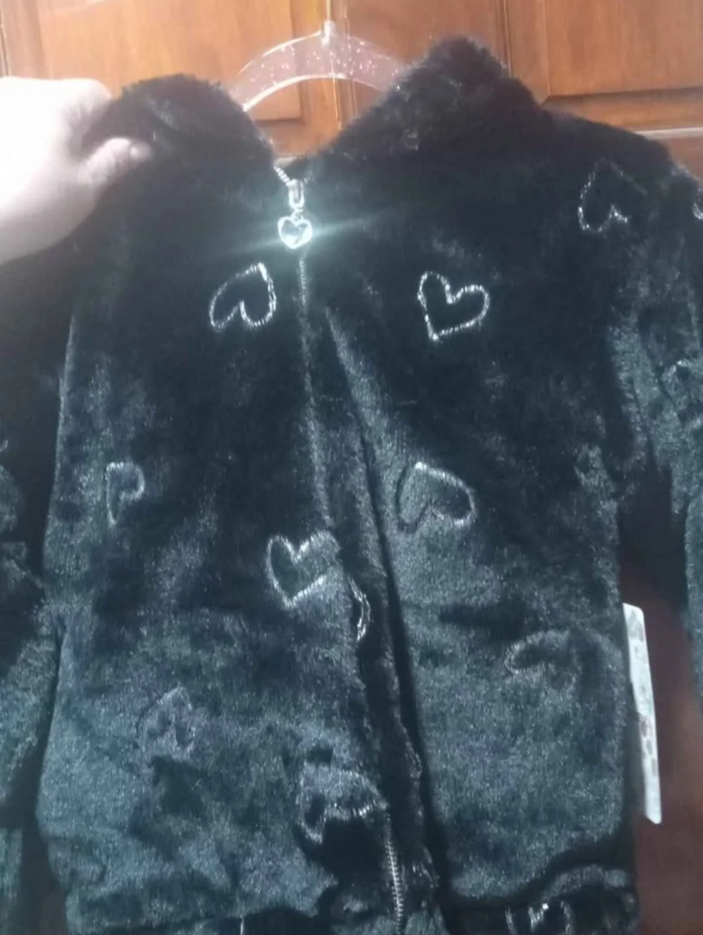 Girls' Black Faux Fur Heart Zip-Up Jacket